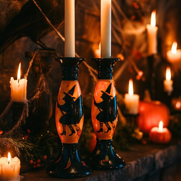 NWT 2 Vintage Susan Winget Halloween Witch Candle Holders Candlestick Holder - Picture 4 of 12